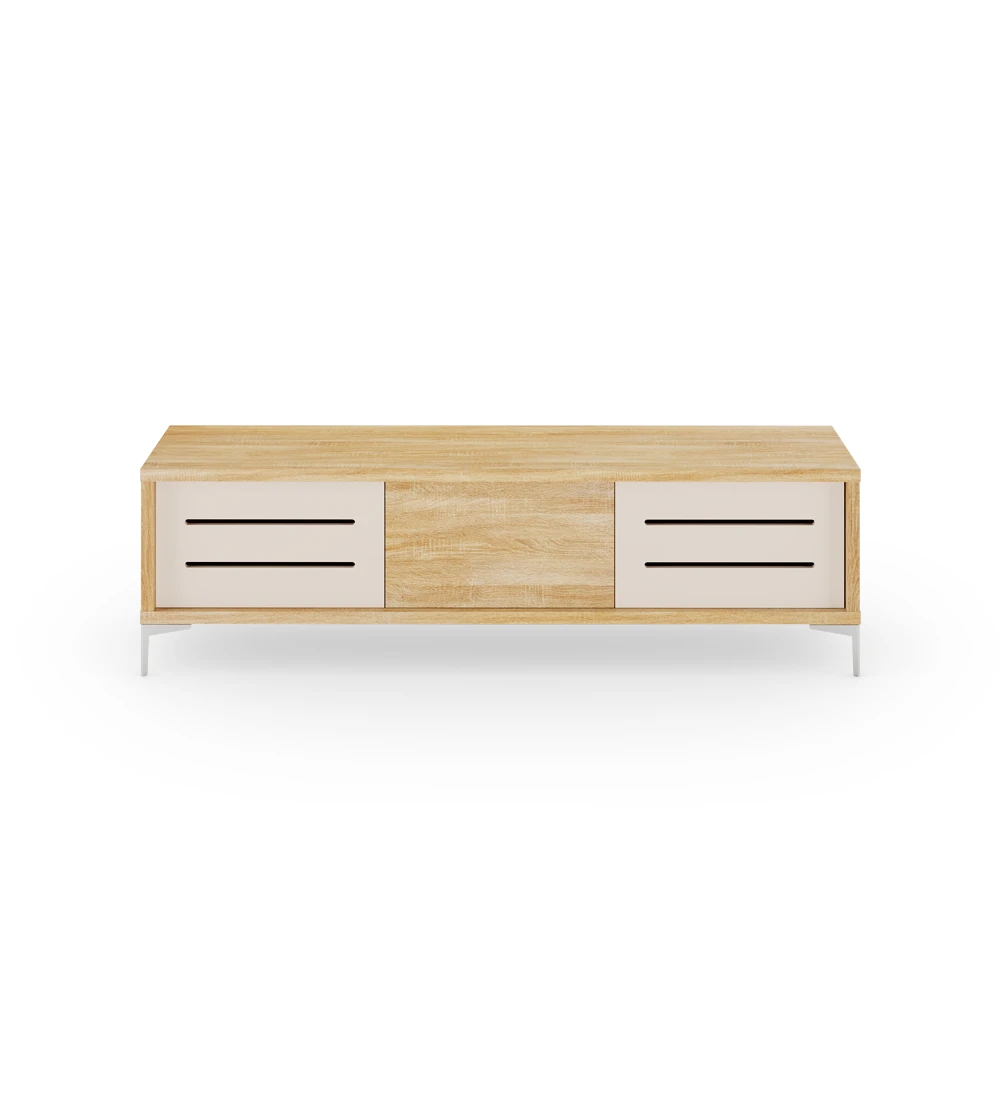 Rio TV stand 2 side doors in pearl, 1 central door and structure in natural oak and metal feet, 172 x 50 cm.