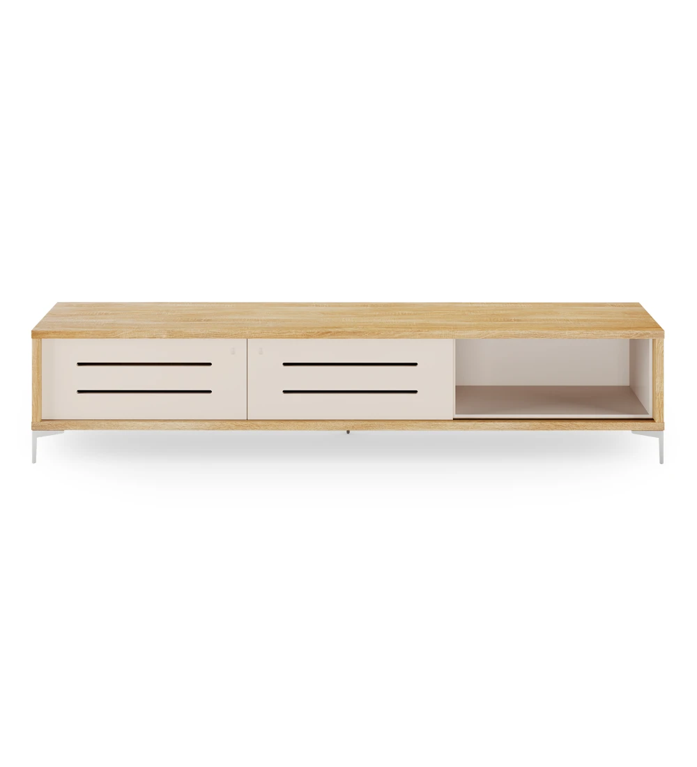 Rio TV stand 2 sliding doors in pearl, natural oak structure and metal feet, 235 x 50 cm.