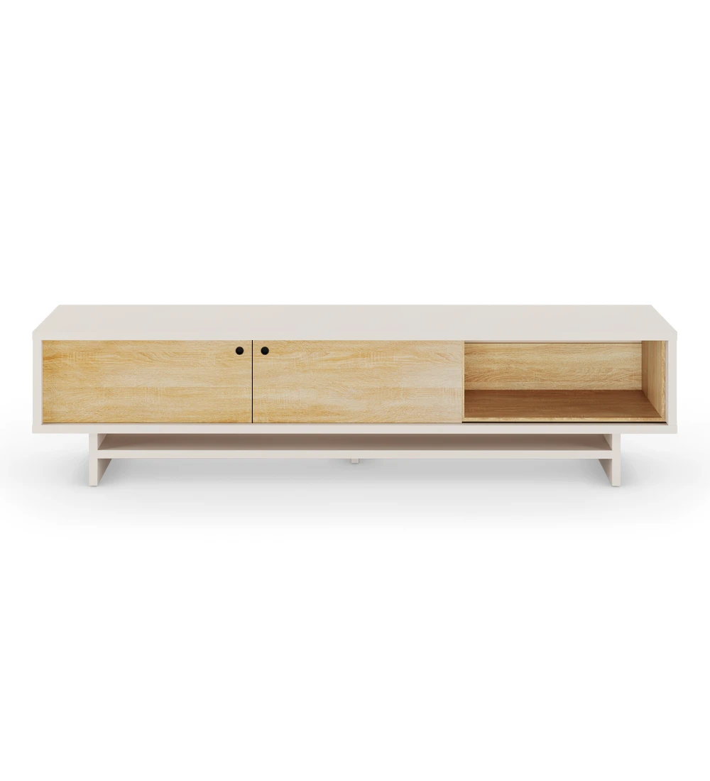 Dallas TV stand 2 sliding doors and movable module in natural oak, pearl structure, 235 x 57 cm.