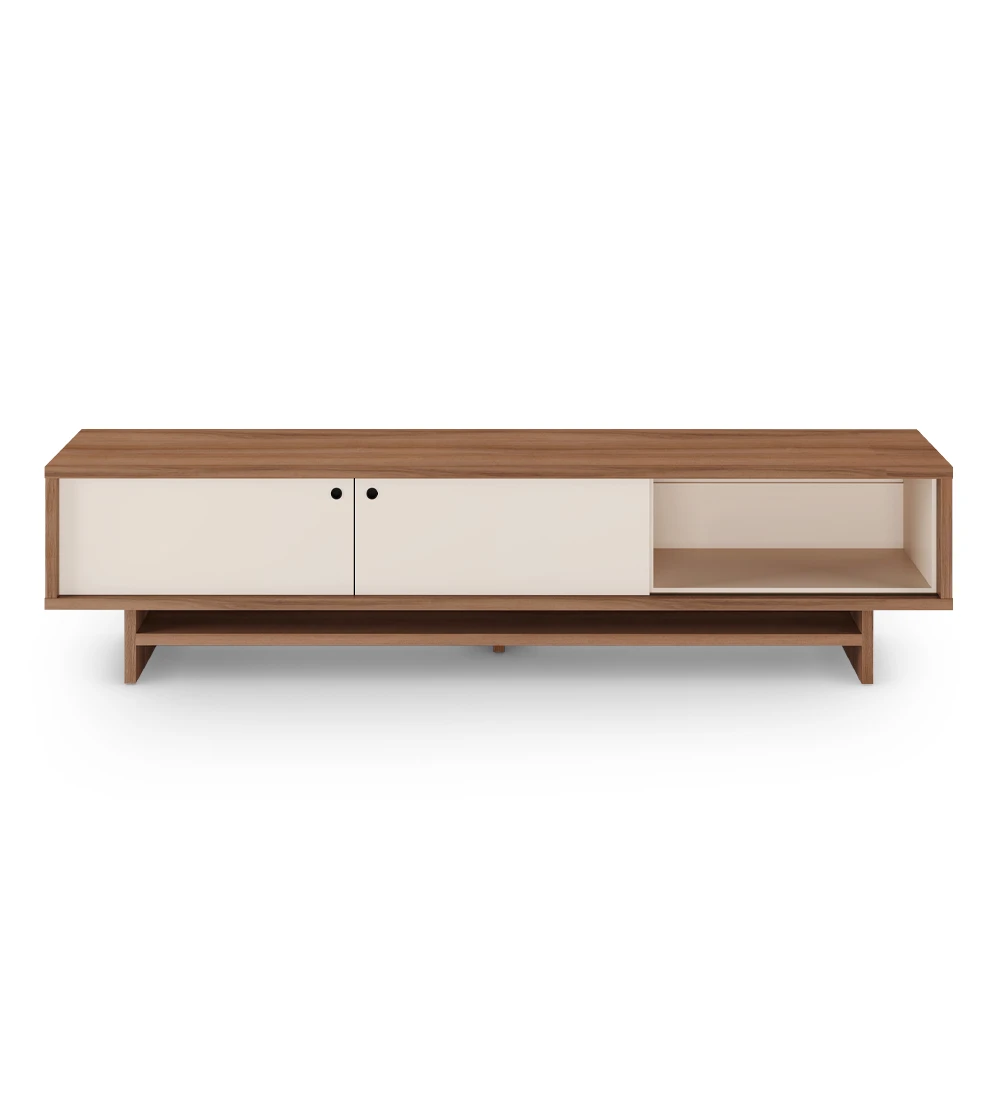 Dallas TV stand 2 sliding doors and movable module in pearl, walnut structure, 235 x 57 cm.
