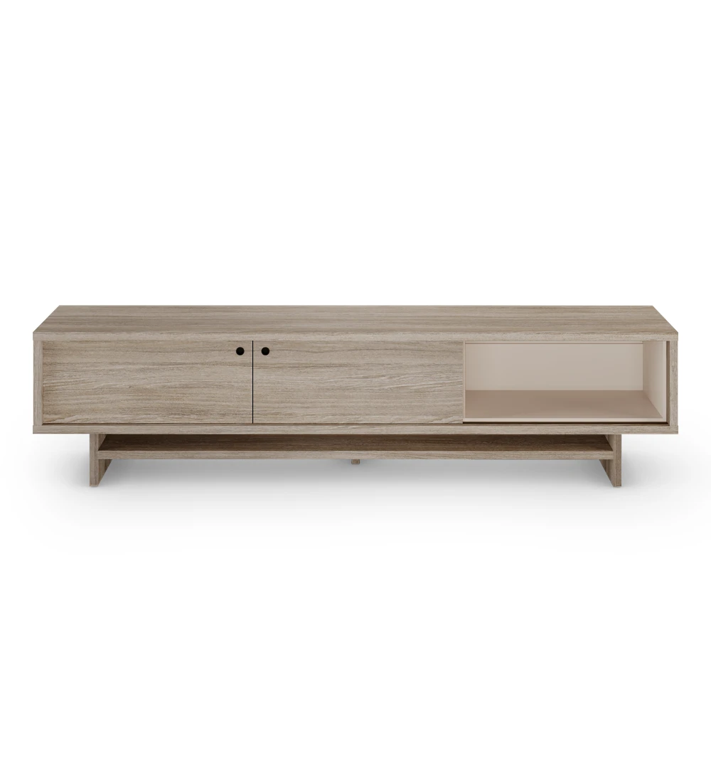 Dallas TV stand 2 sliding doors and structure in decapé oak, movable module in pearl, 235 x 57 cm.
