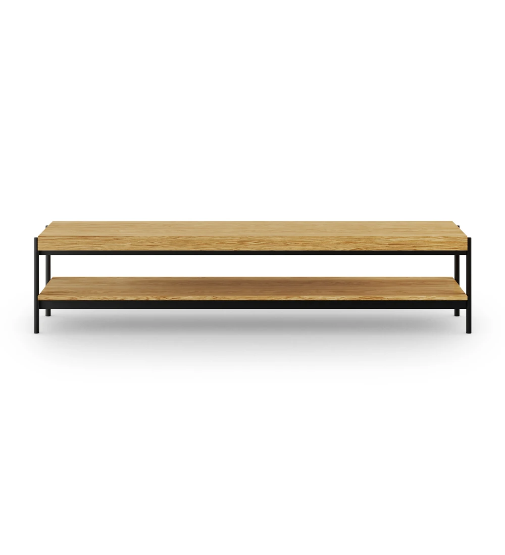 Cannes TV console in natural oak, with black lacquered metal structure, feet with levelers, 200 x 45 cm.