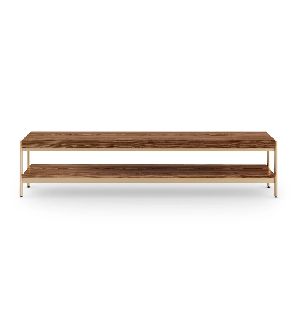 Cannes TV console in walnut, with gold lacquered metal structure, feet with levelers, 200 x 45 cm.