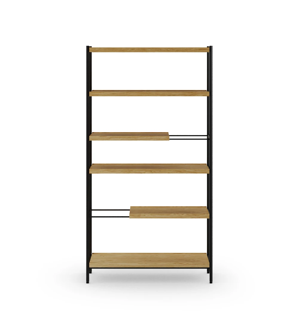 Cannes bookcase in natural oak, black lacquered metal structure and feet with levelers, 105 x 203 cm.