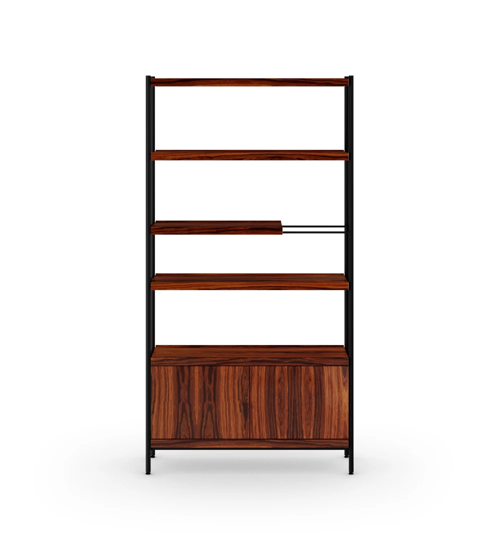 Cannes bookcase in high gloss palissander, 2-door module, black lacquered metal structure and feet with levelers, 105 x 203 cm.
