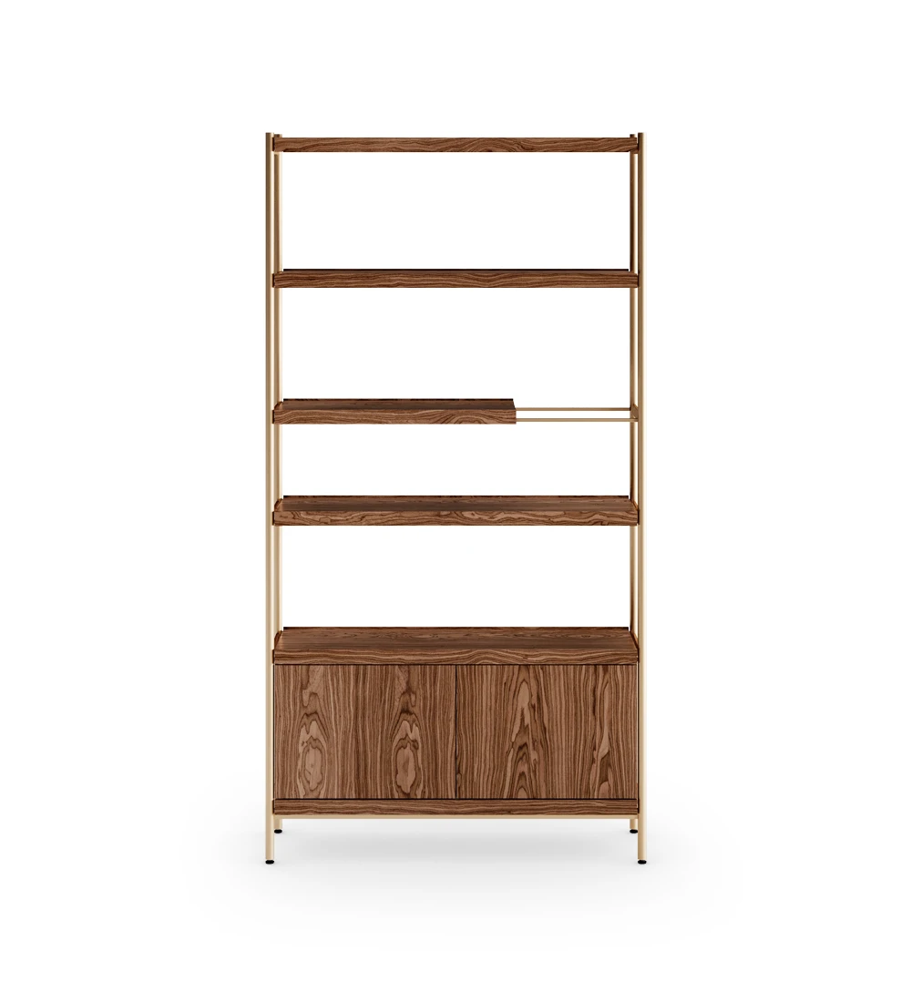 Cannes bookcase in walnut, 2-door module, gold lacquered metal structure and feet with levelers, 105 x 203 cm.