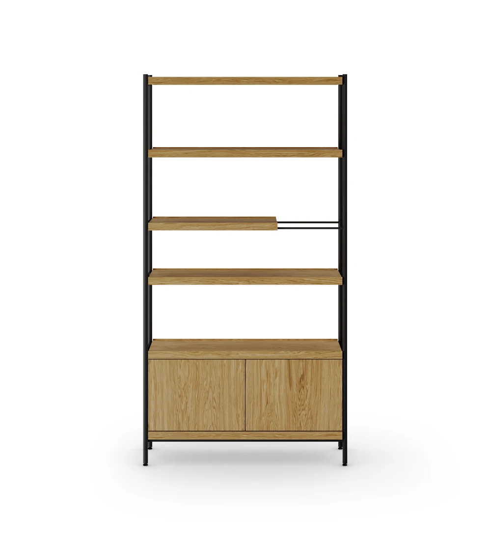 Cannes bookcase in natural oak, 2-door module, black lacquered metal structure and feet with levelers, 105 x 203 cm.