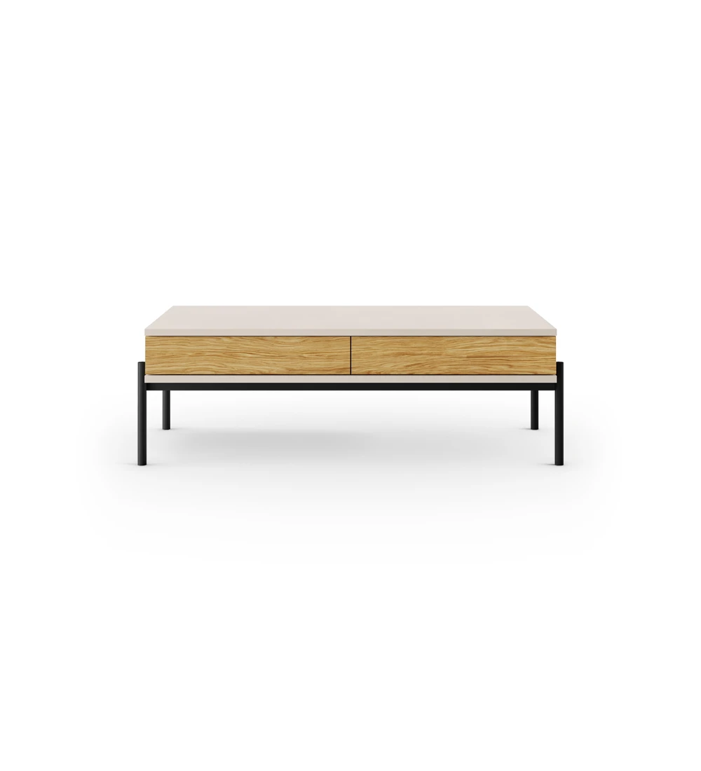 Cannes rectangular center table in pearl, 2 drawers in natural oak, black lacquered feet with levelers, 120 x 60 cm.