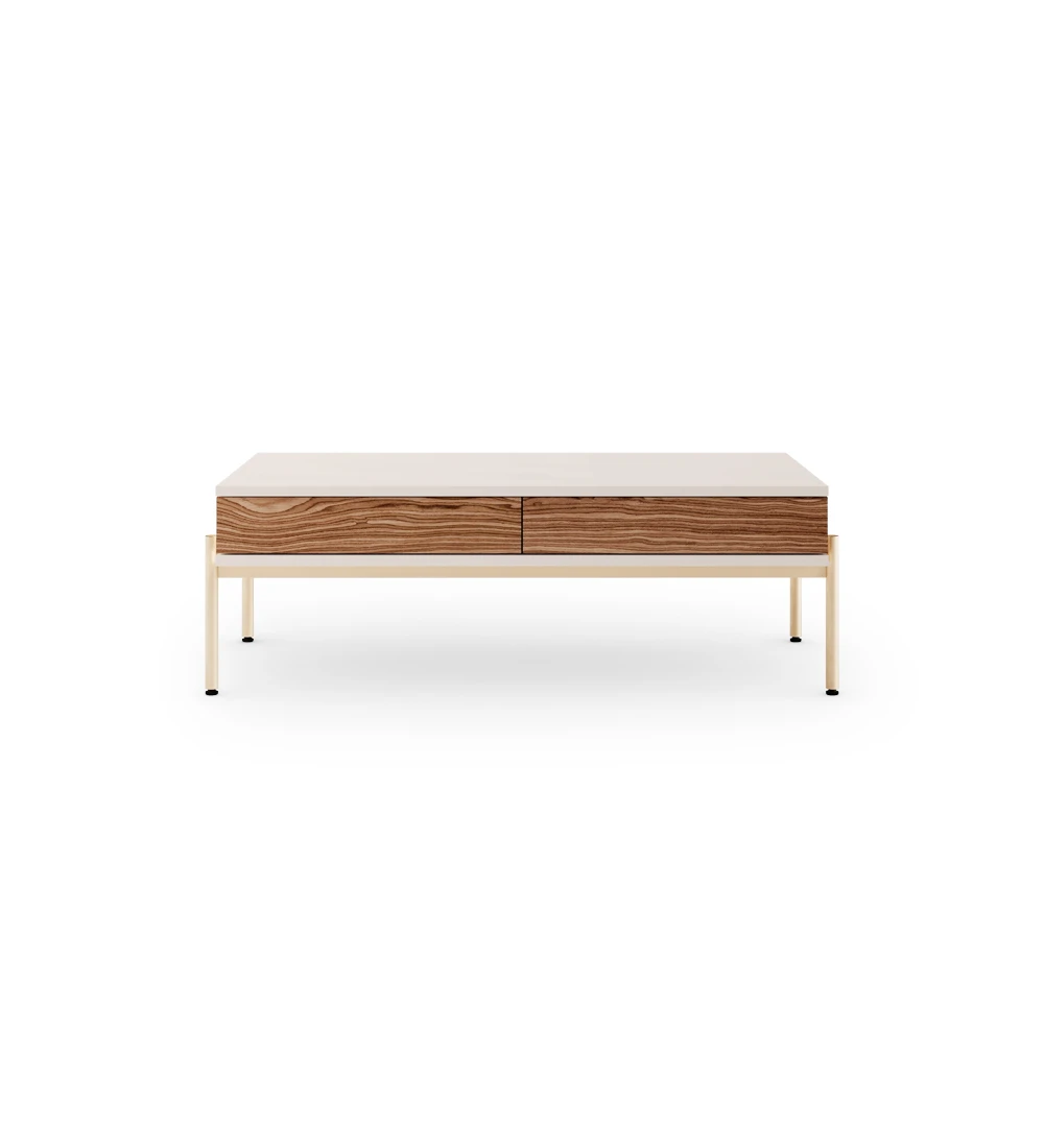 Cannes rectangular center table in pearl, 2 drawers in walnut, gold lacquered feet with levelers, 120 x 60 cm.