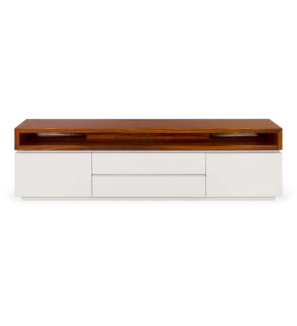 Nice TV stand pearl lacquered structure and upper module in high gloss palissander, 235 x 67,5 cm.