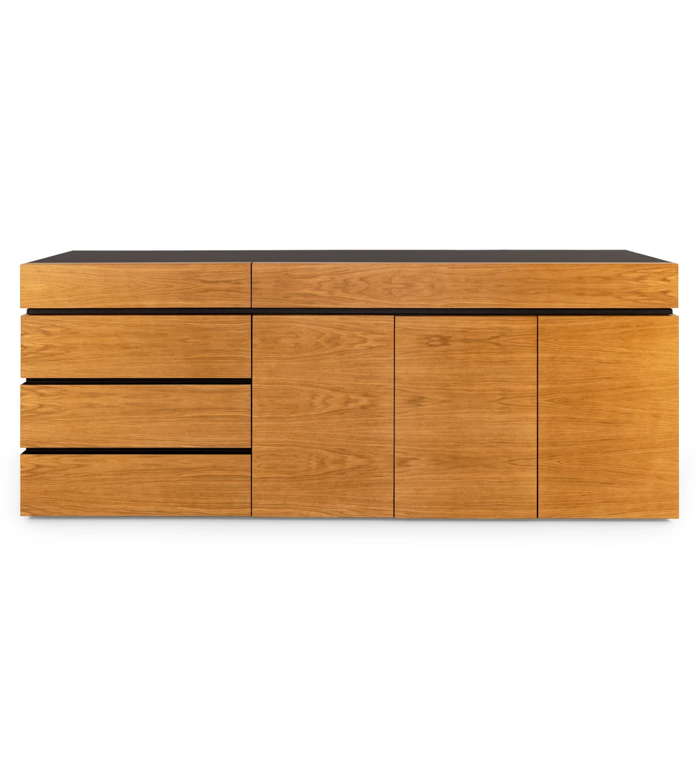 Sideboard with doors and drawers in honey oak, black lacquered structure, with drawer for cutlery.