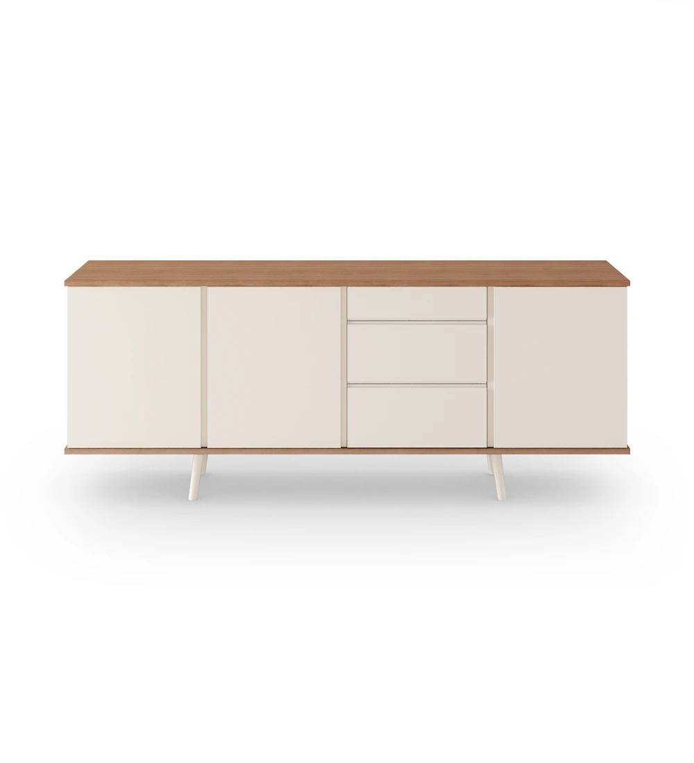 Oslo sideboard with 3 doors, 3 drawers and pearl lacquered feet, walnut structure, 195 x 78,5 cm.