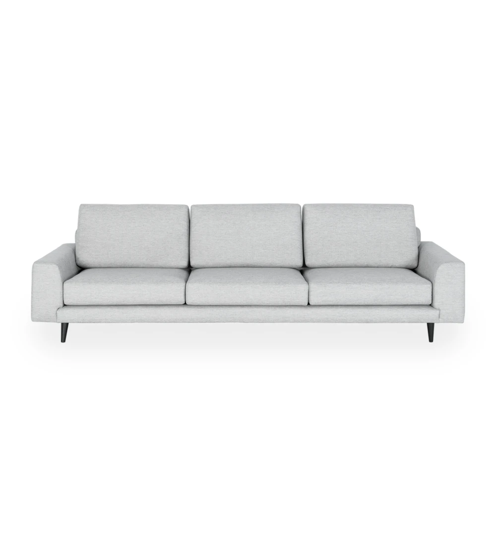 Oslo 3-seater sofa upholstered in light gray fabric, dark brown lacquered feet, 265 cm.