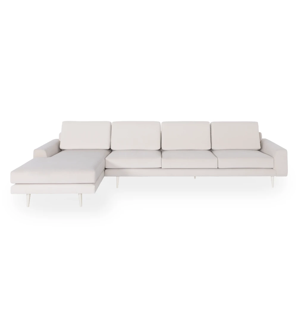 Oslo 3-seater sofa and left chaise longue, upholstered in beige fabric, pearl lacquered feet, 339 cm.