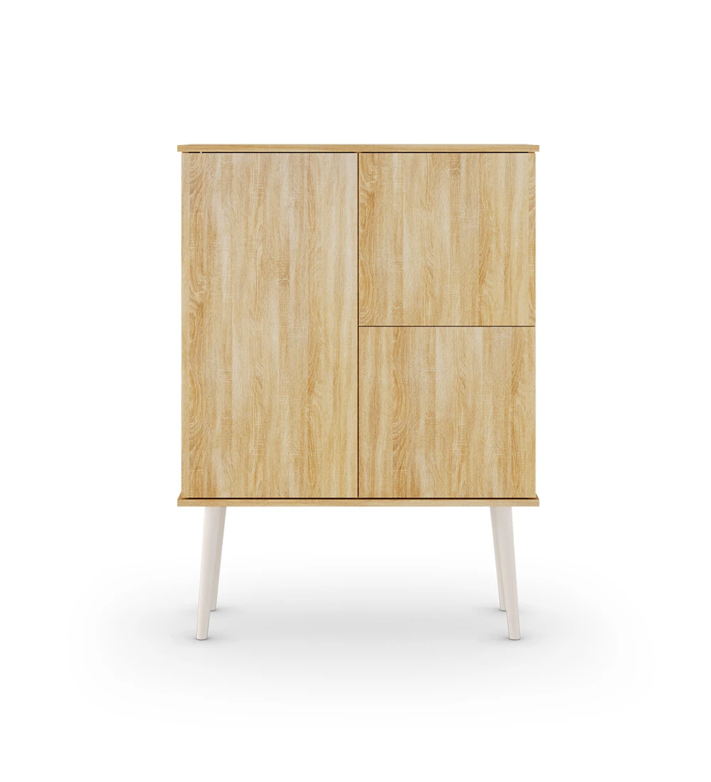 Oslo cupboard with 3 doors and structure in natural oak, pearl lacquered feet, 100 x 137,7 cm.