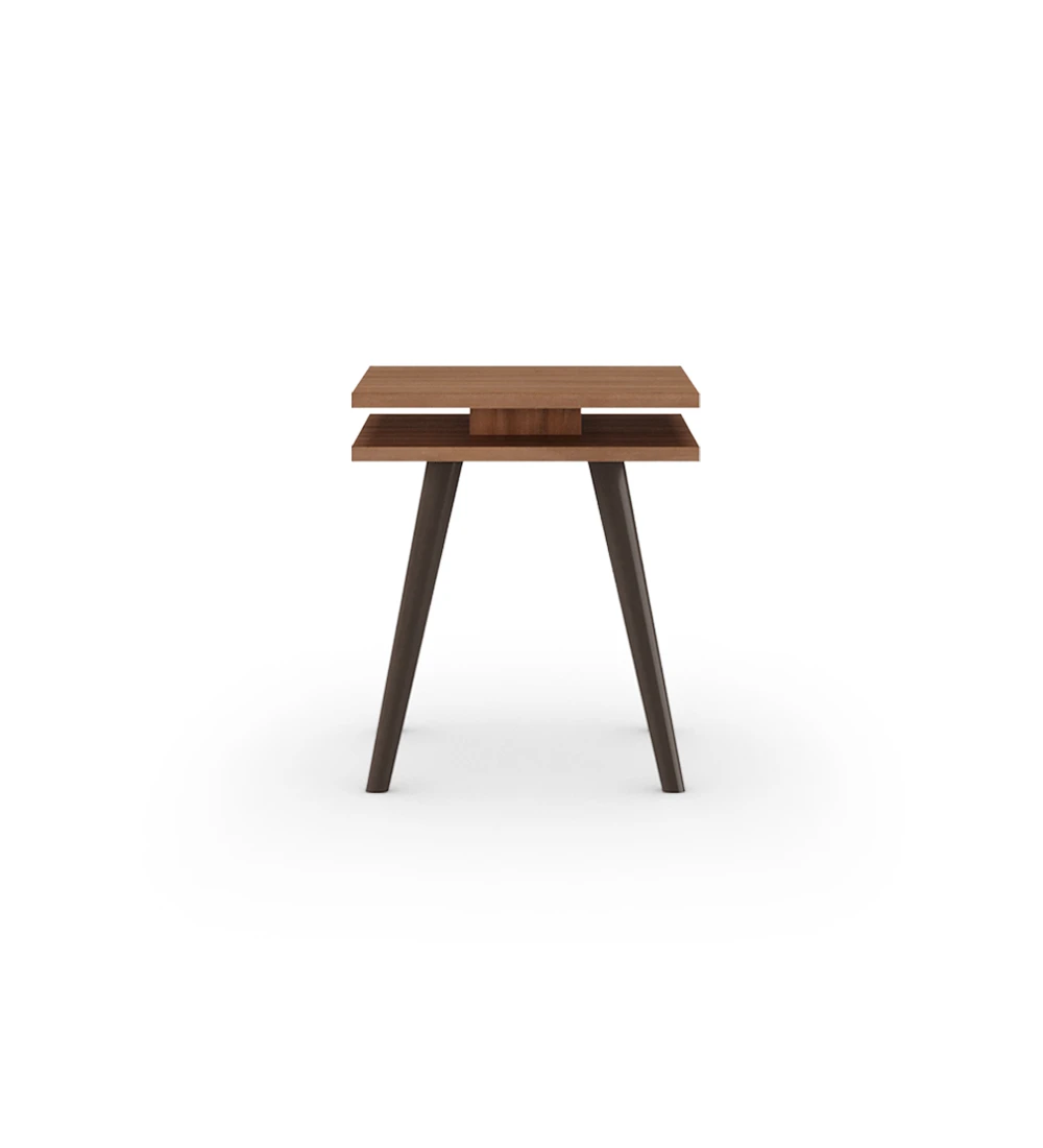 Oslo square side table, 2 walnut tops, dark brown lacquered feet, 45 x 45 cm.
