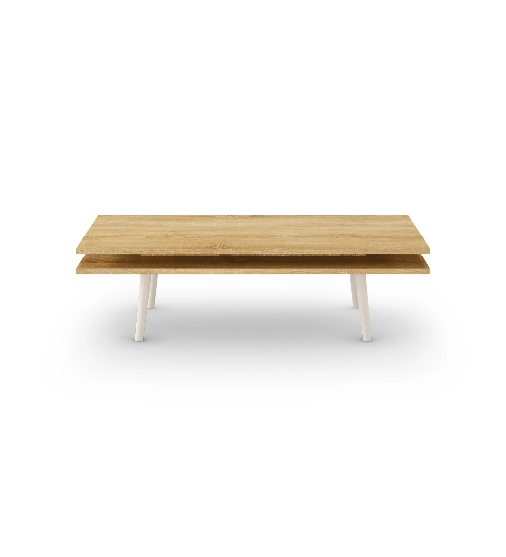 Oslo rectangular center table, 2 natural oak tops and pearl lacquered feet, 120 x 60 cm.