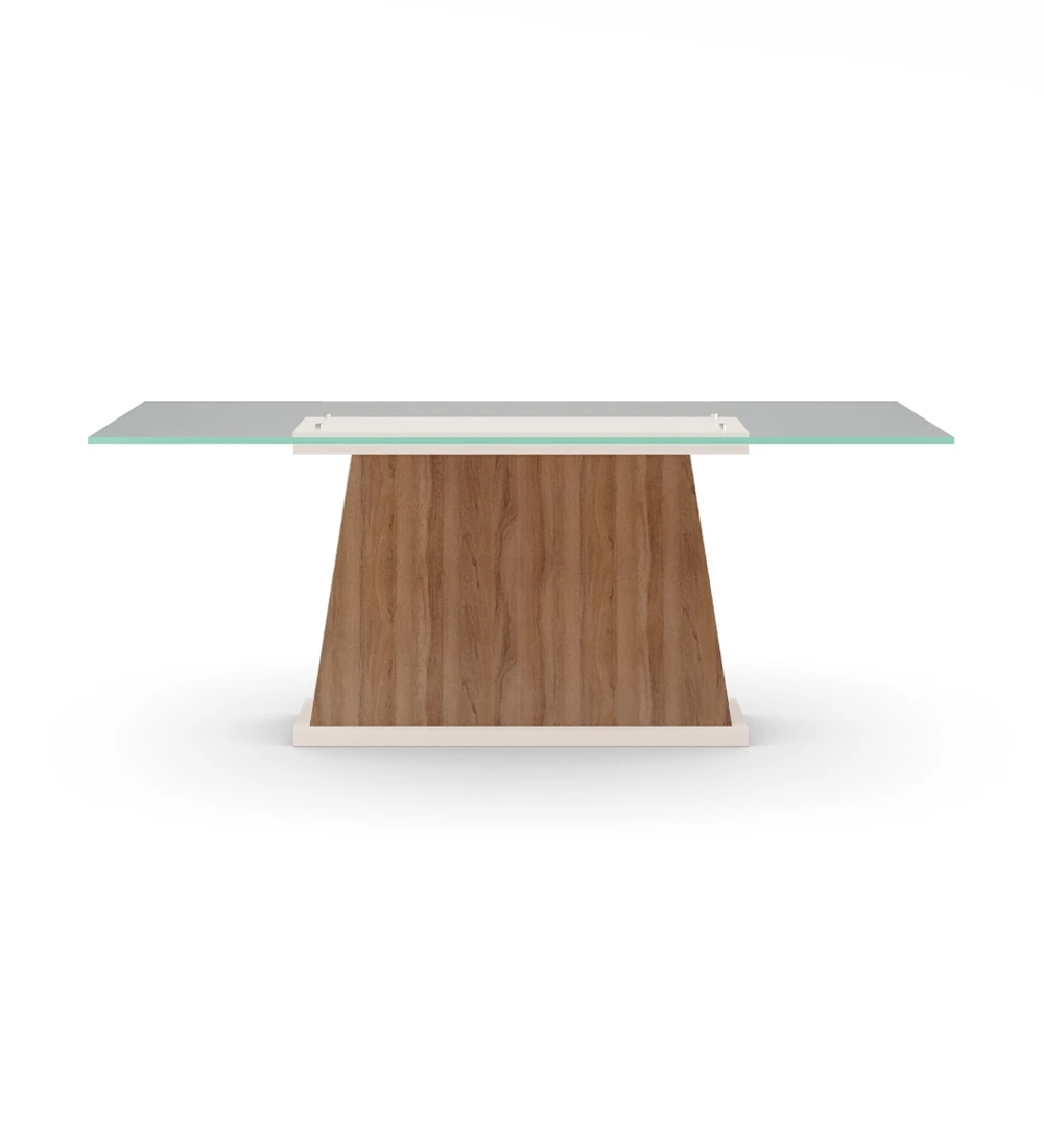 Mesa de comedor Oslo rectangular 200 x 98 cm, tapa en cristal, pie central en nogal y base lacada perla.