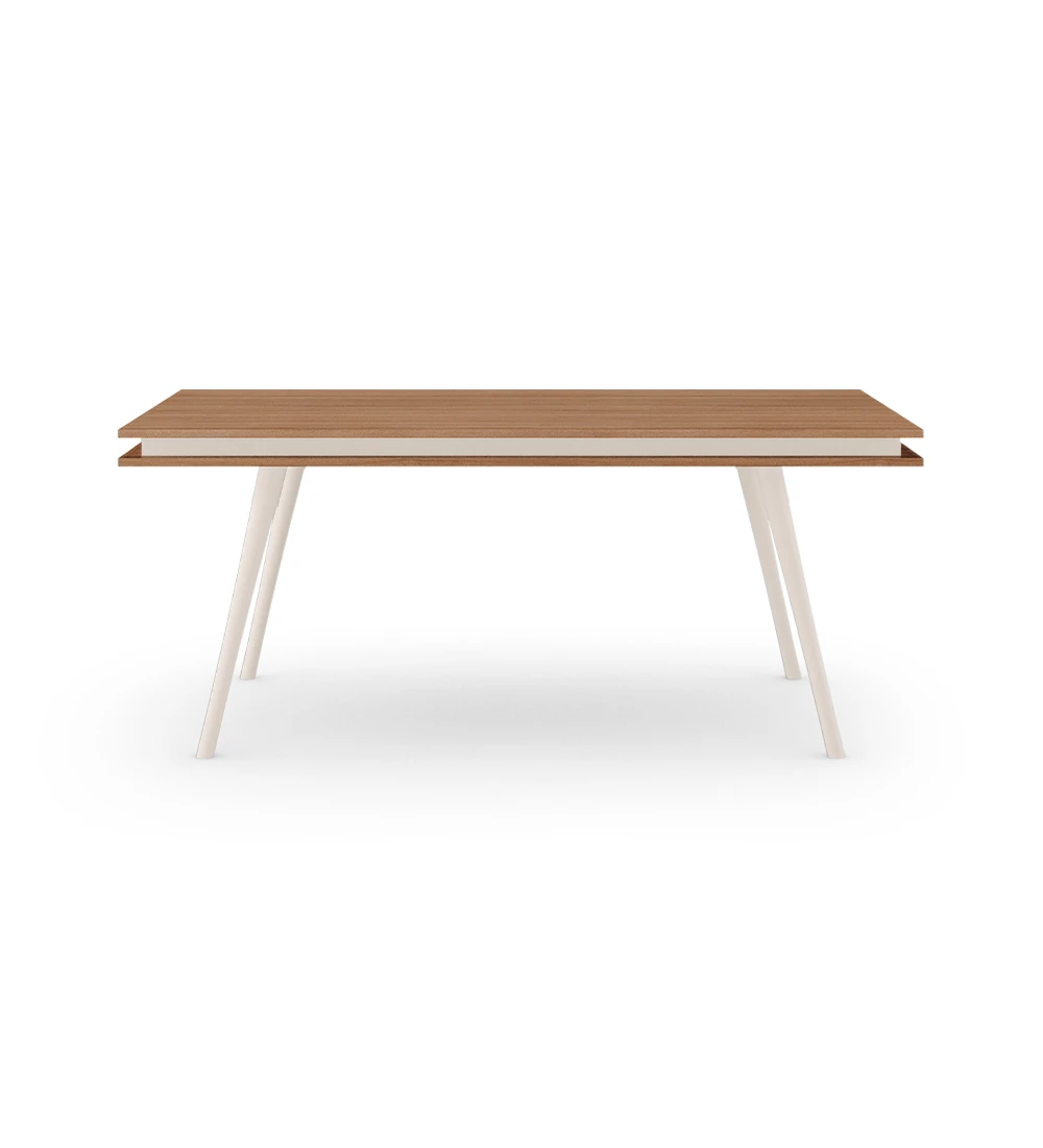 Oslo rectangular dining table 180 x 100 cm, walnut top and pearl lacquered feet.