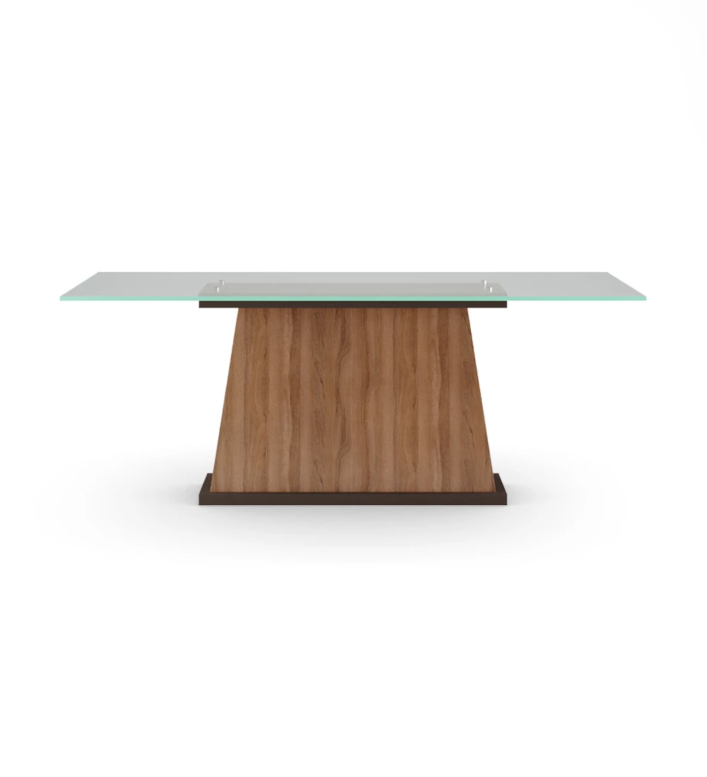 Oslo rectangular dining table 200 x 98 cm, glass top, walnut central foot and dark brown lacquered base.