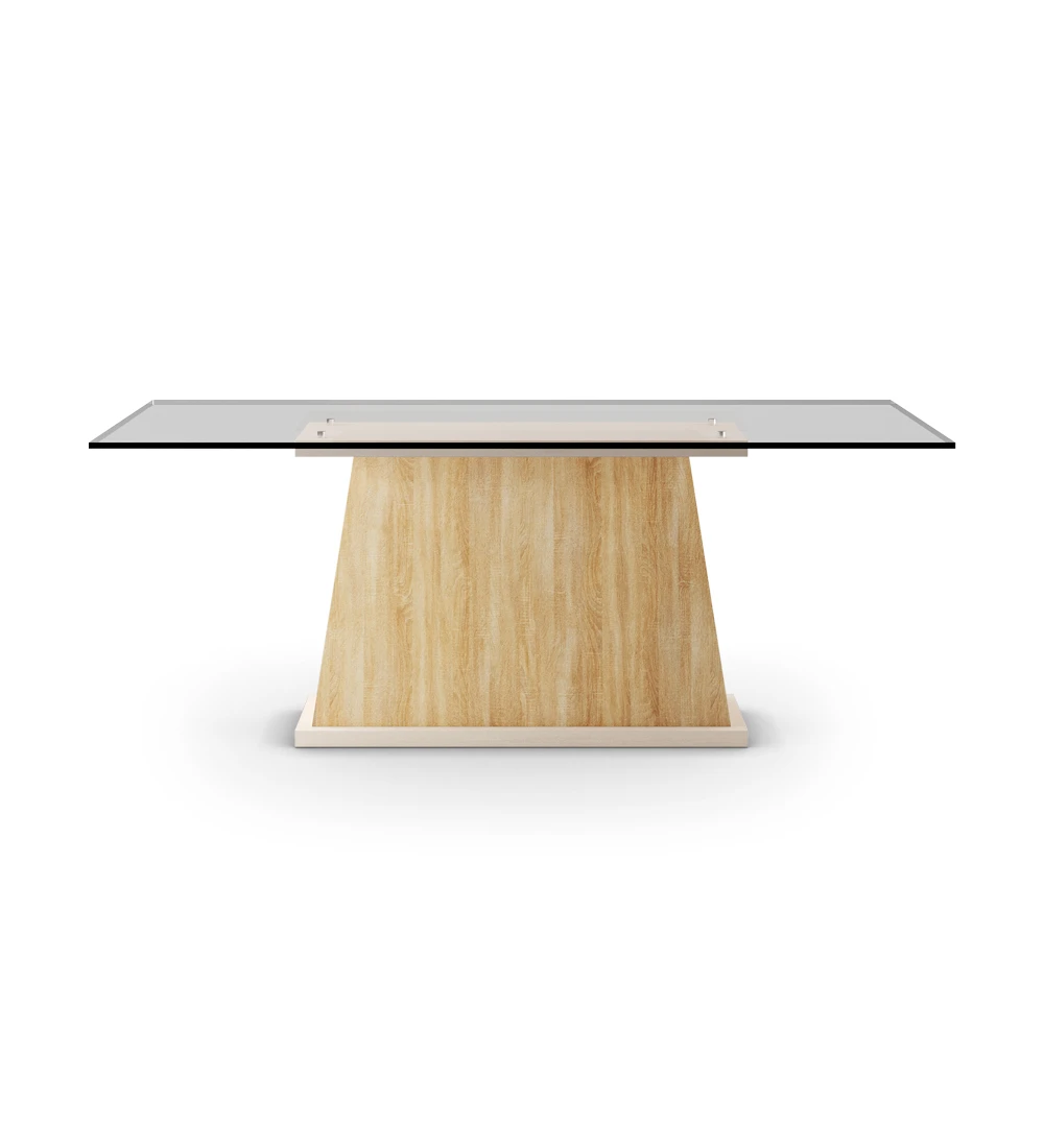 Table de repas rectangulaire Oslo 200 x 98 cm, plateau en verre, pied central en chêne naturel et piètement laqué perle.