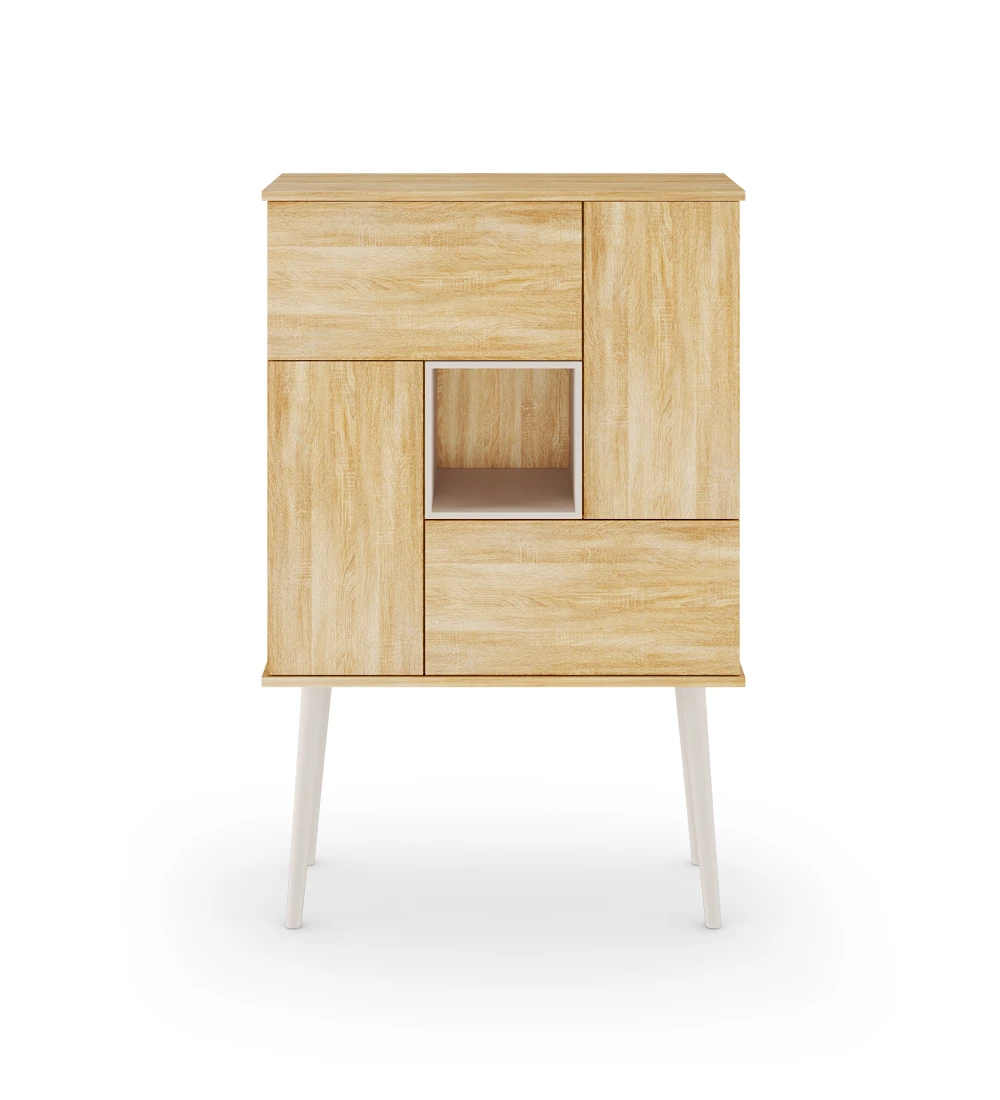 Bar cabinet in natural oak, pearl lacquered module and turned legs.