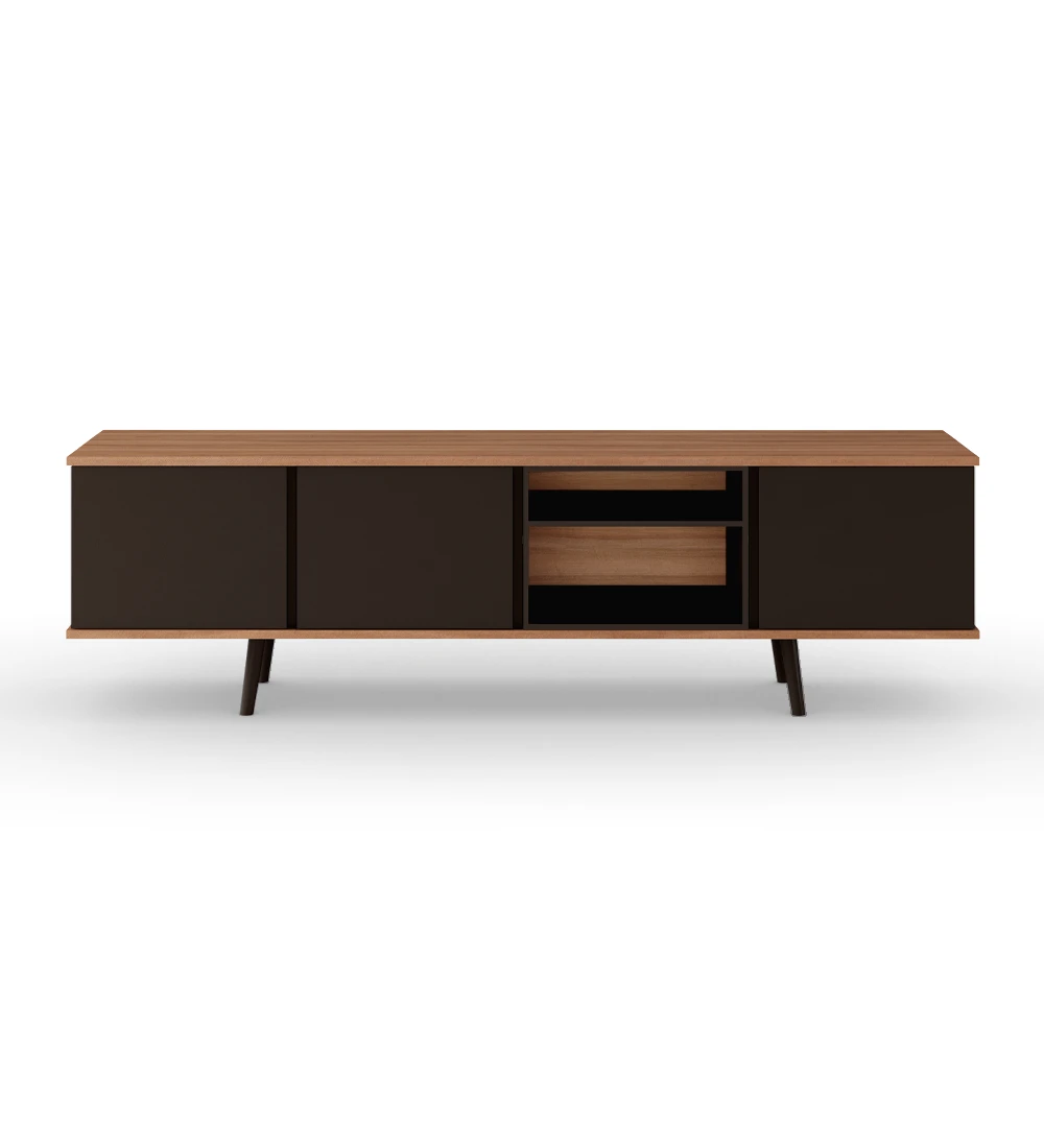 Oslo TV stand 3 doors, module and feet lacquered in dark brown, walnut structure, 200 x 58,8 cm.
