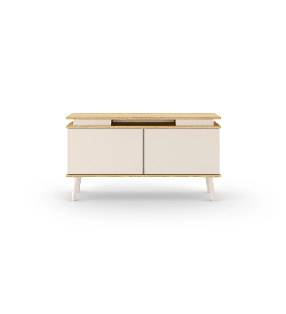 Oslo TV stand 2 doors and feet lacquered in pearl, structure in natural oak, 120 x 58,8 cm.