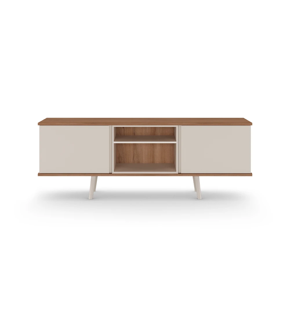 Oslo TV stand 2 doors, module and feet lacquered in pearl, walnut structure, 160 x 58,8 cm.