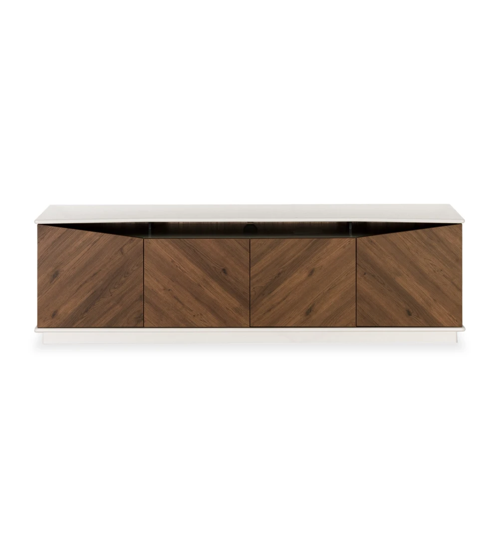 Veneza TV stand 4 doors and aged oak structure, pearl lacquered top and baseboard, 200 x 58 cm.