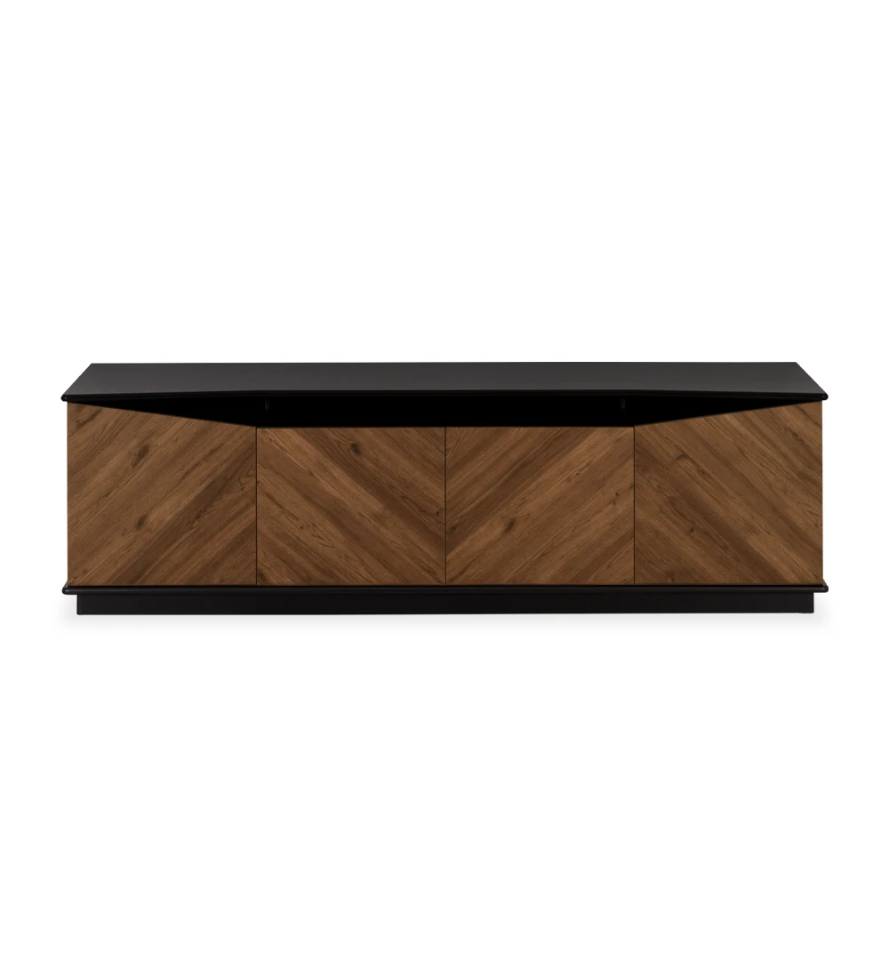 Veneza TV stand 4 doors and aged oak structure, black lacquered top and baseboard, 200 x 58 cm.