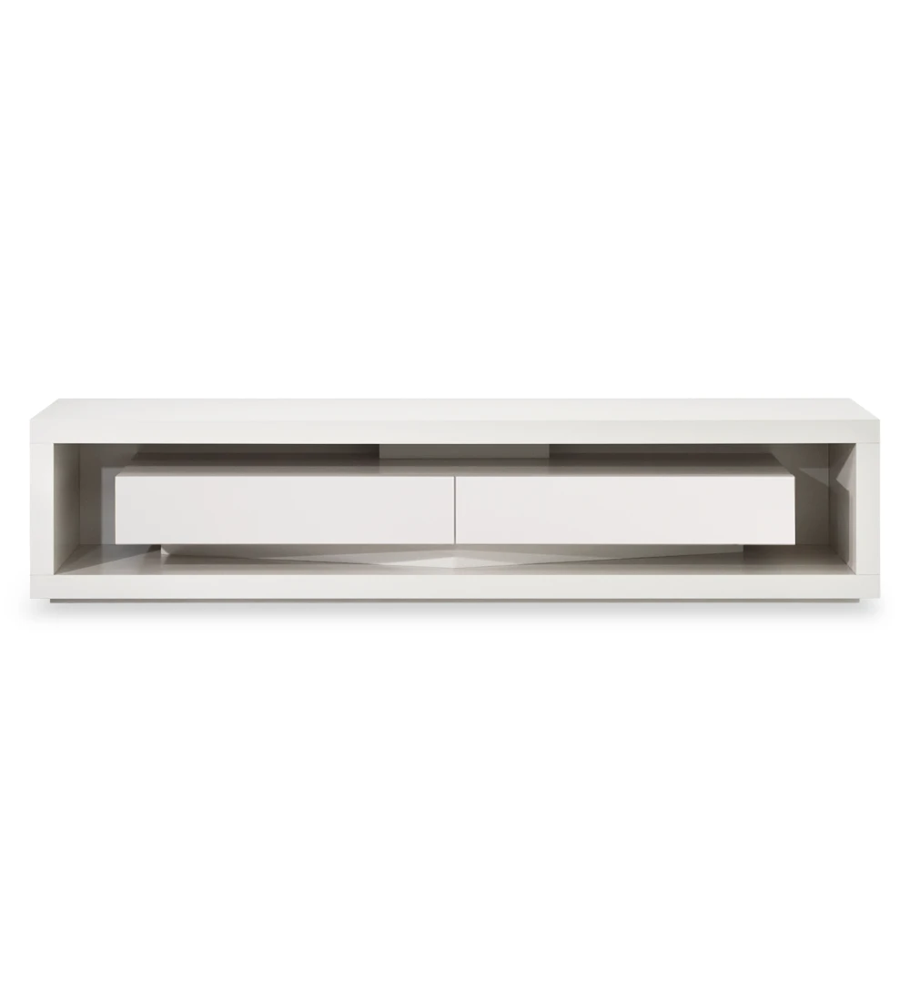 Londres TV stand pearl lacquered structure and drawer module, 250 x 56 cm.