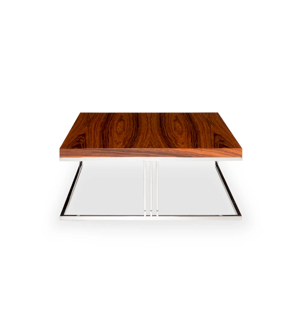 Table basse Londres carrée, plateau en palissandre brillant, piètement en acier inoxydable, 90 x 90 cm.