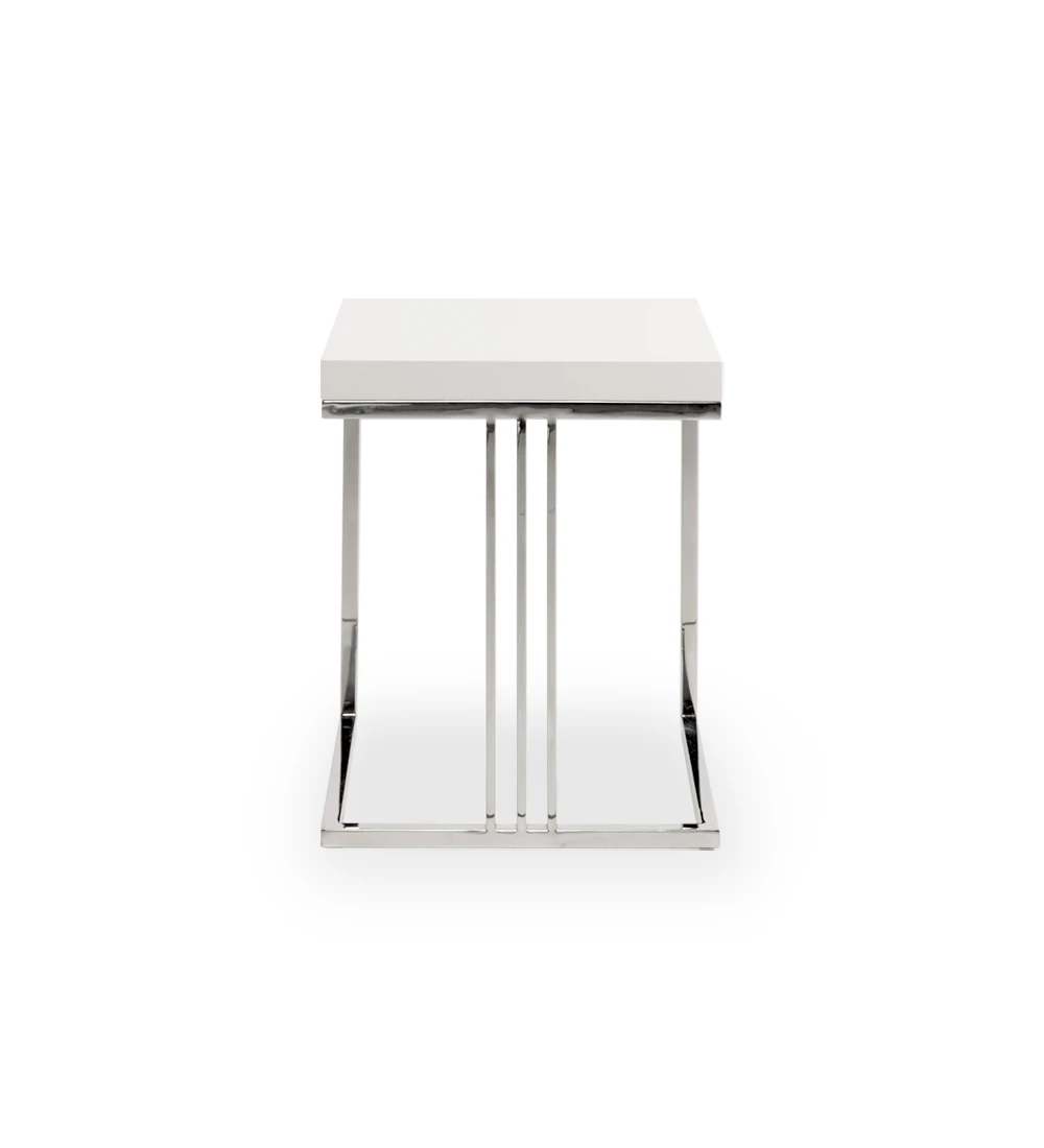 Londres square side table, pearl lacquered top, stainless steel foot, 40 x 40 cm.