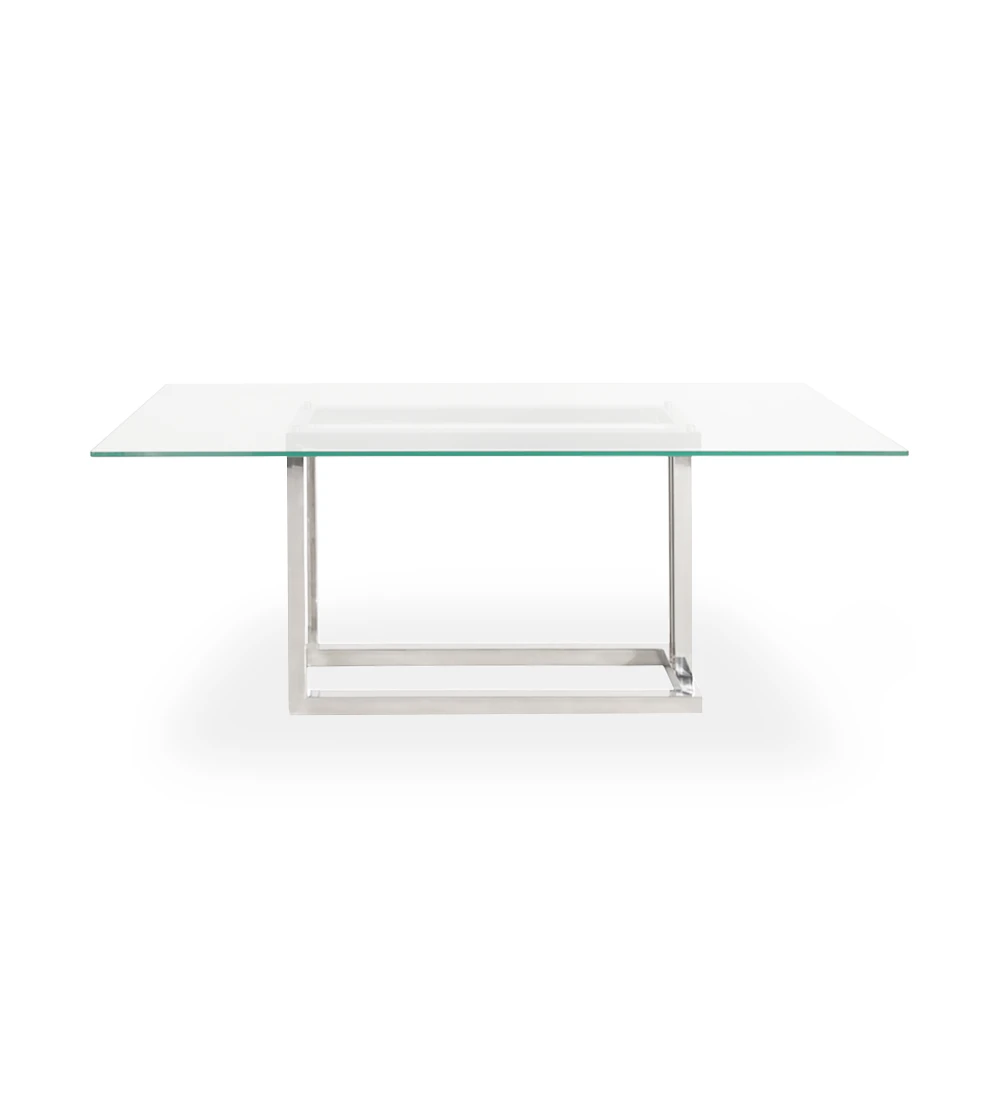 Table de repas rectangulaire Londres 220 x 98 cm, plateau en verre, piètement en acier inoxydable.