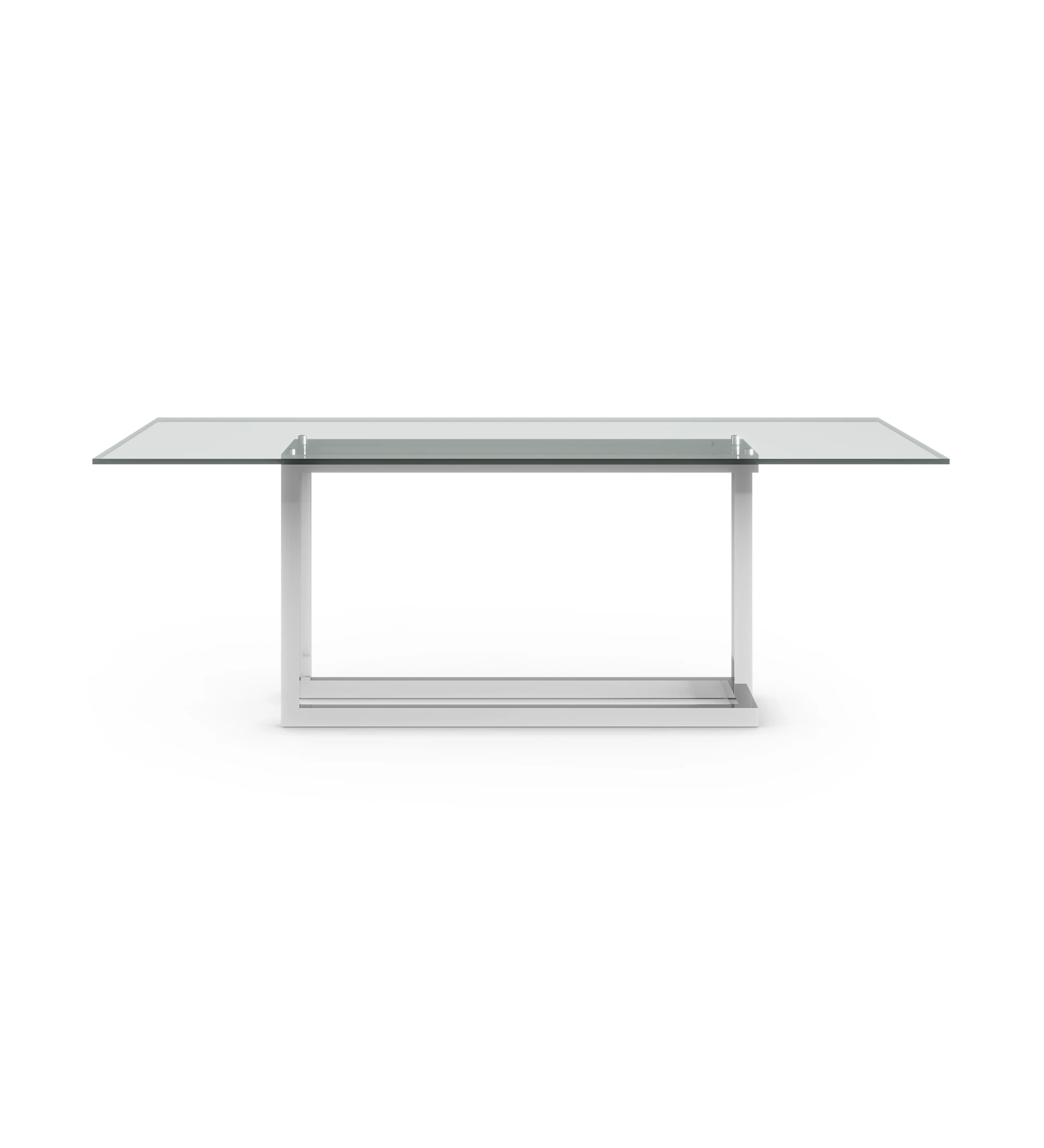 Mesa de comedor Londres rectangular 220 x 98 cm, tapa en cristal, pie en acero inoxidable.