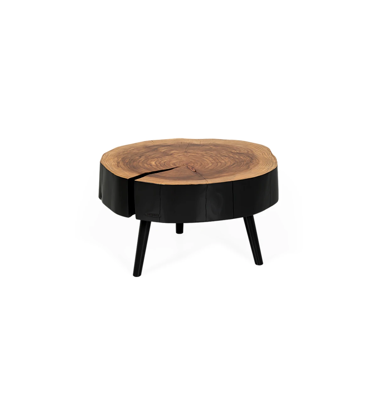 Trunk center table in natural cryptomeria wood lacquered in black, black lacquered feet, Ø 60 to 75 cm.