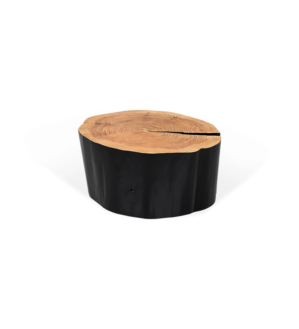Medium trunk center table in natural cryptomeria wood lacquered in black, Ø 60 to 75 cm.