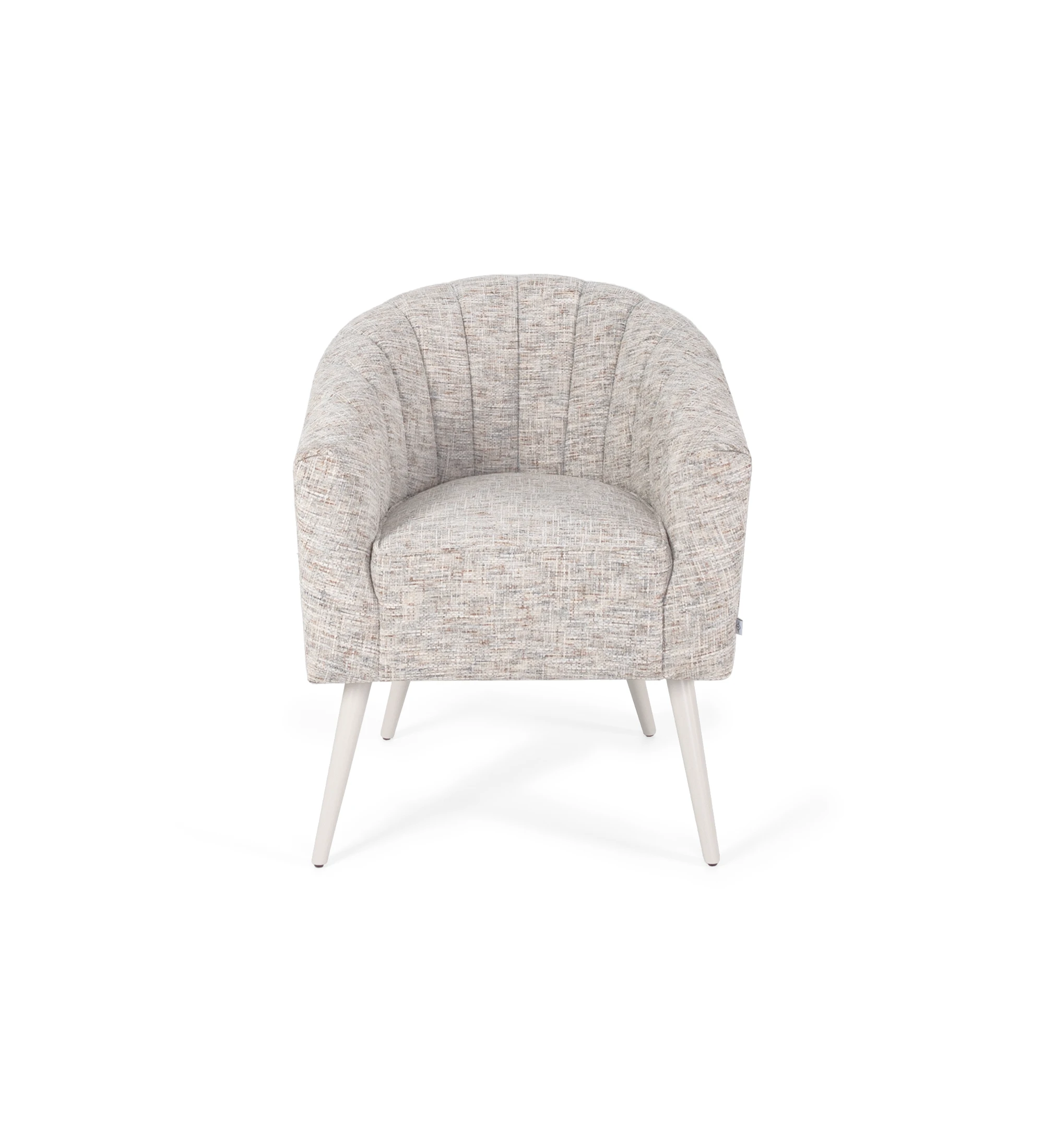 Fauteuil Tokyo recouvert en tissu gris, pieds laqués perle.