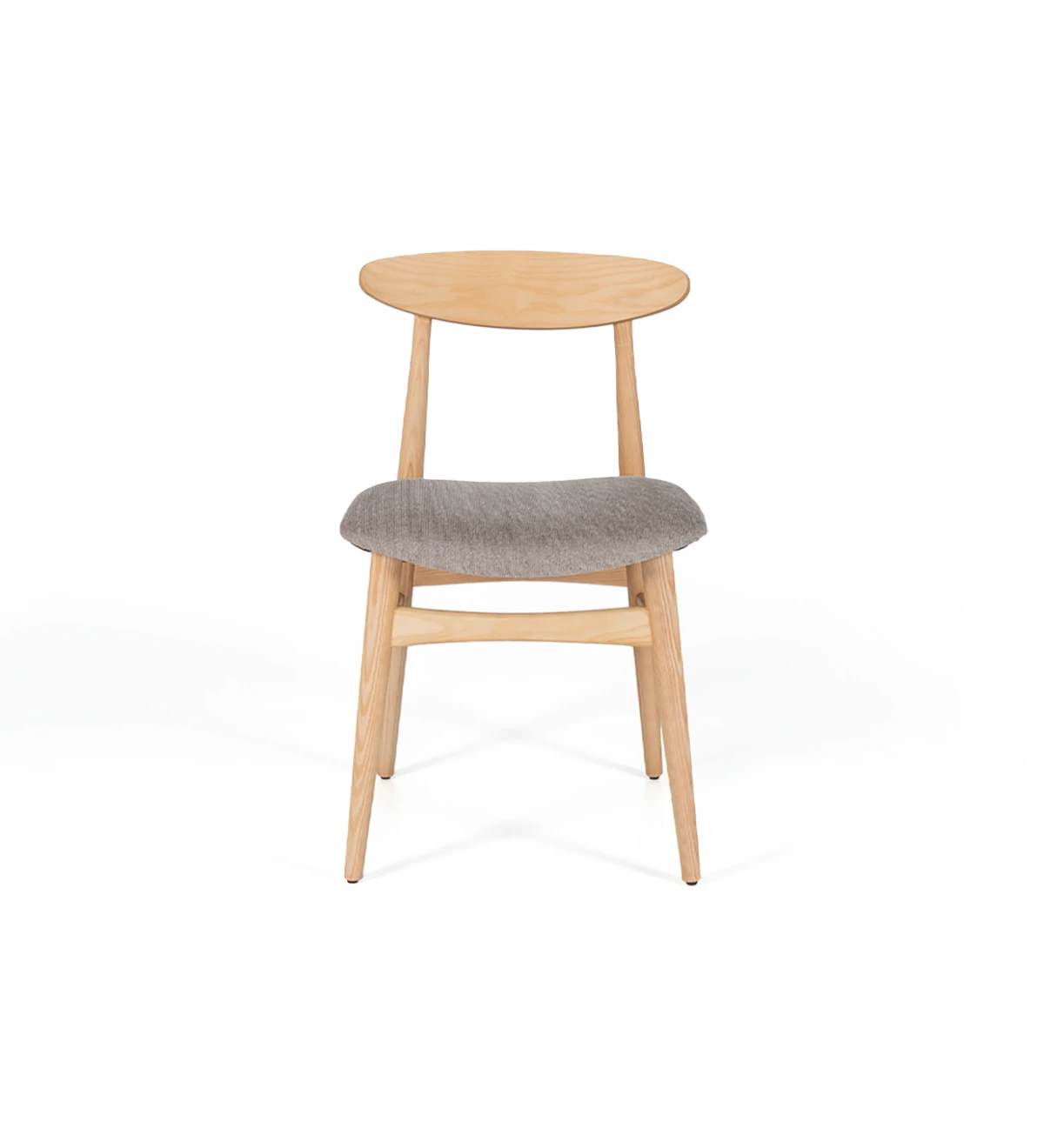 Chaise en bois de frêne, couleur naturelle, avec assise recouverte de tissu.