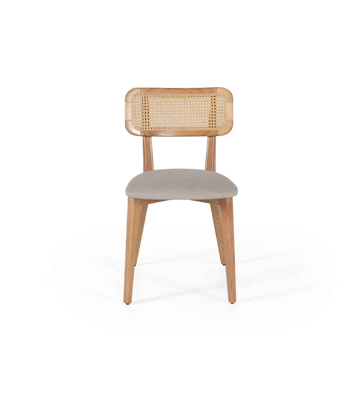 Cadeira de madeira, com pormenor de rattan nas costas e assento estofado a tecido