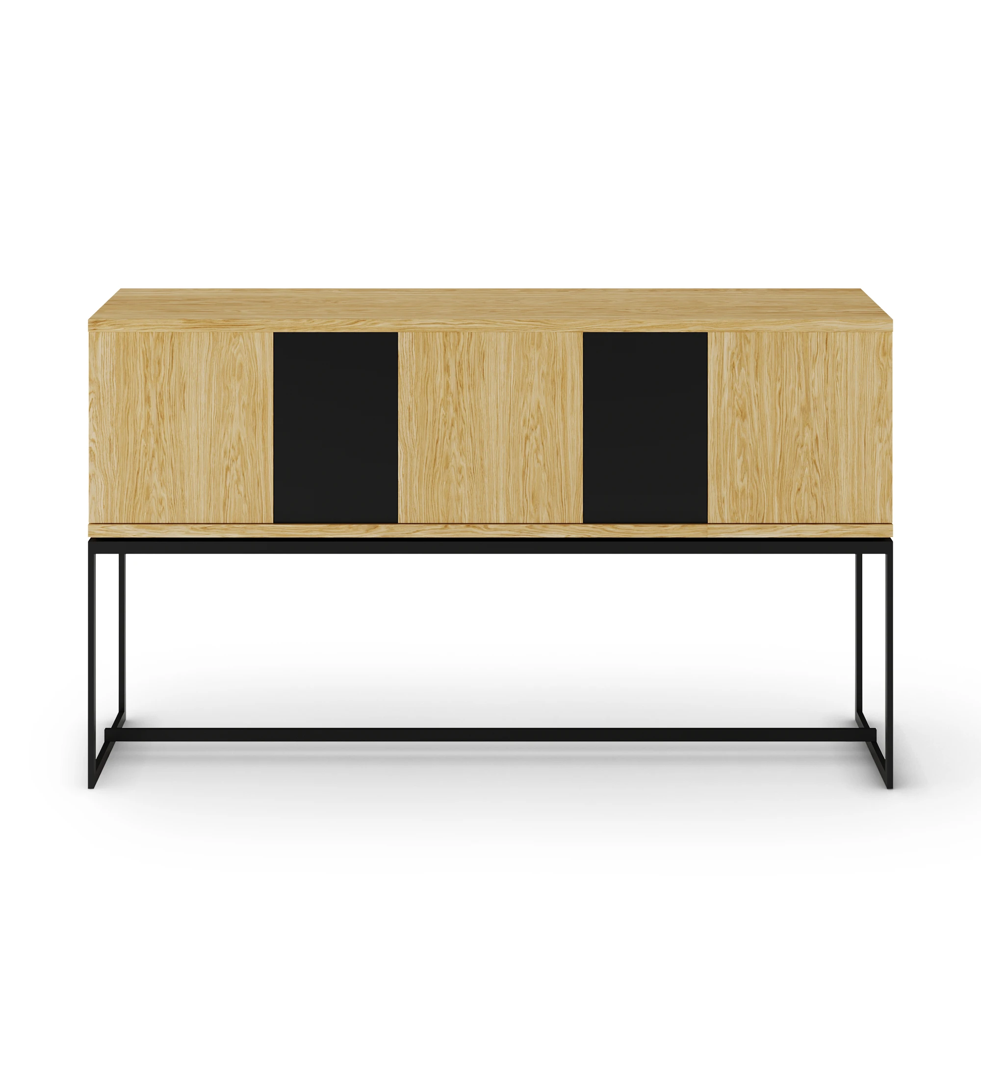Sideboard with 3 large doors and structure in natural oak, 2 small doors in black lacquer, with black lacquered metal feet