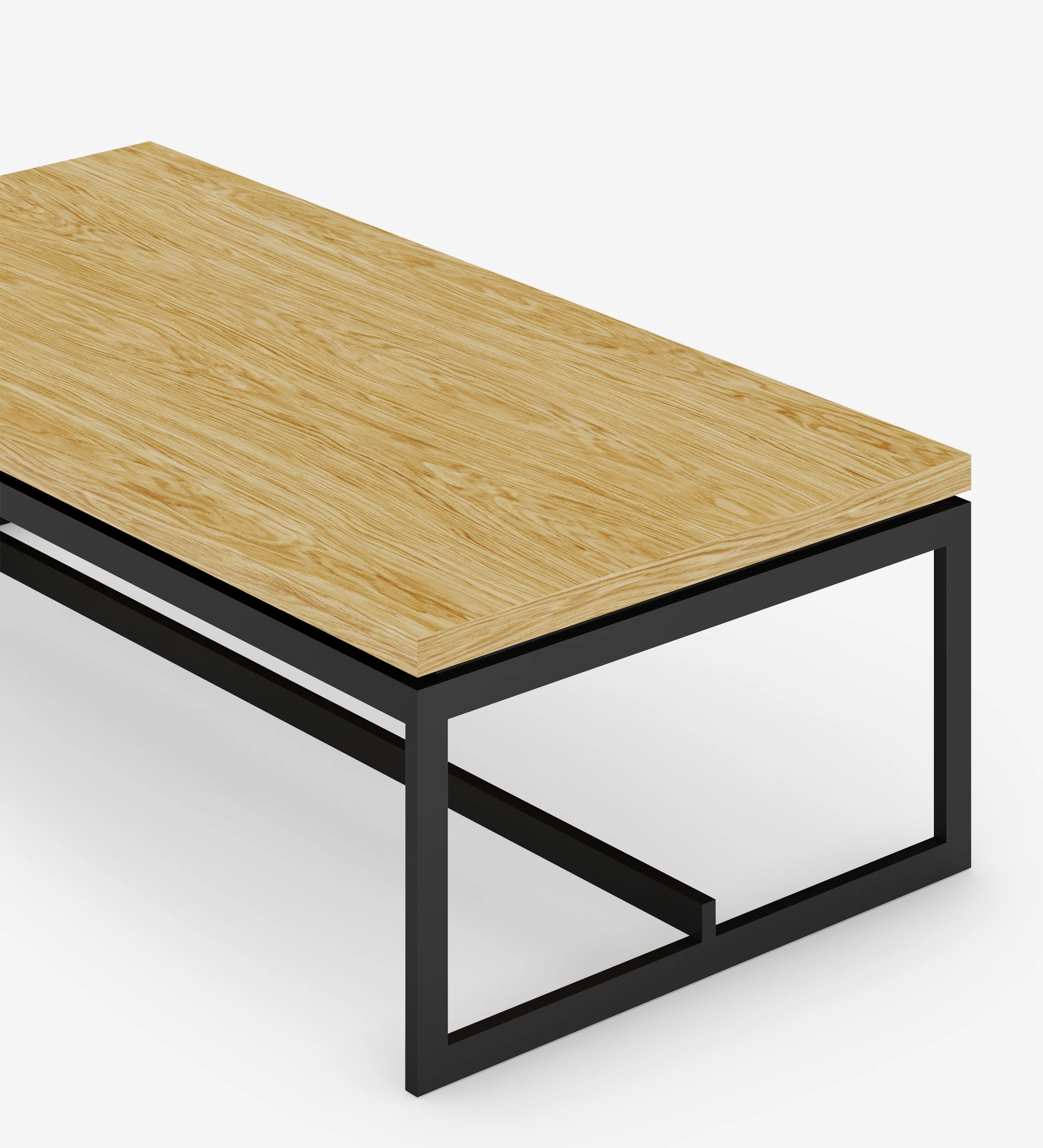 Chicago rectangular center table, natural oak top, black lacquered metal feet, 120 x 60 cm.