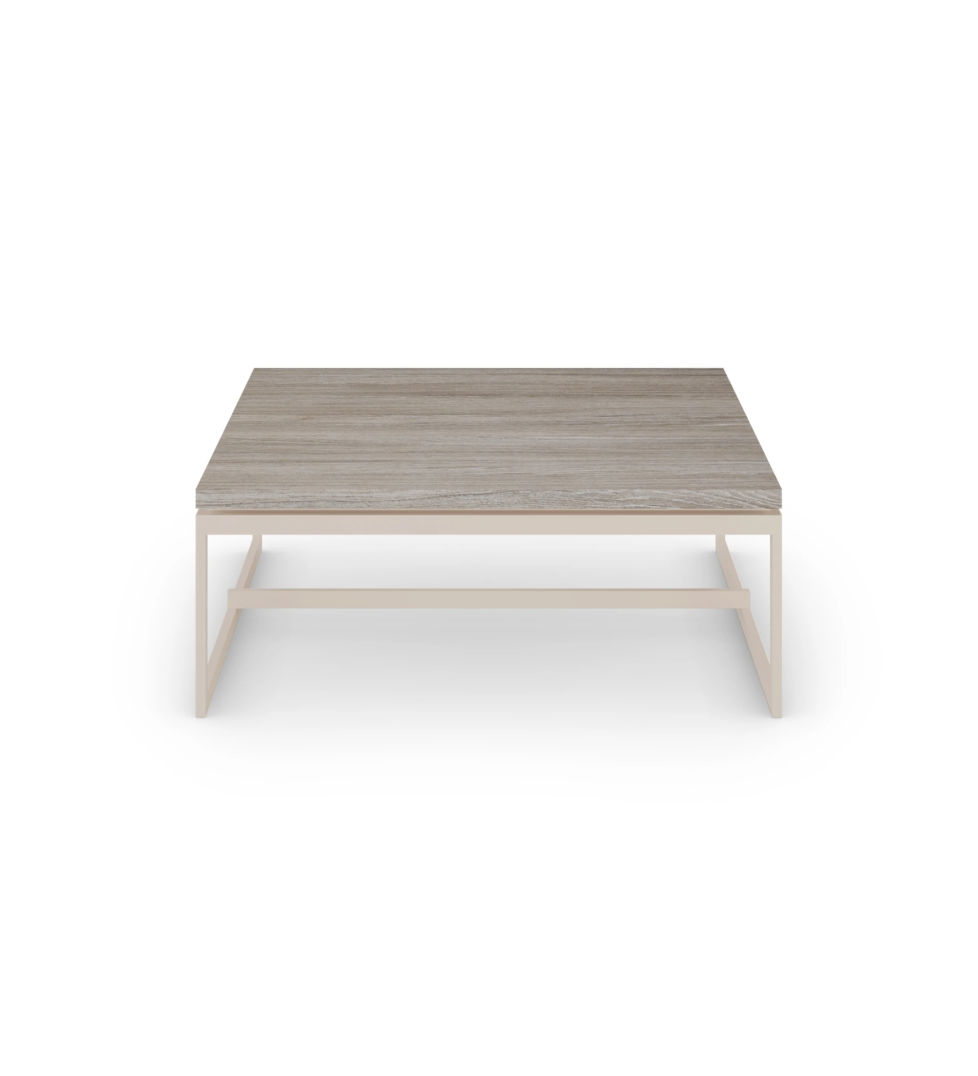 Table basse Chicago carrée, plateau en chêne décapé, pieds en métal laqué perle, 90 x 90 cm.