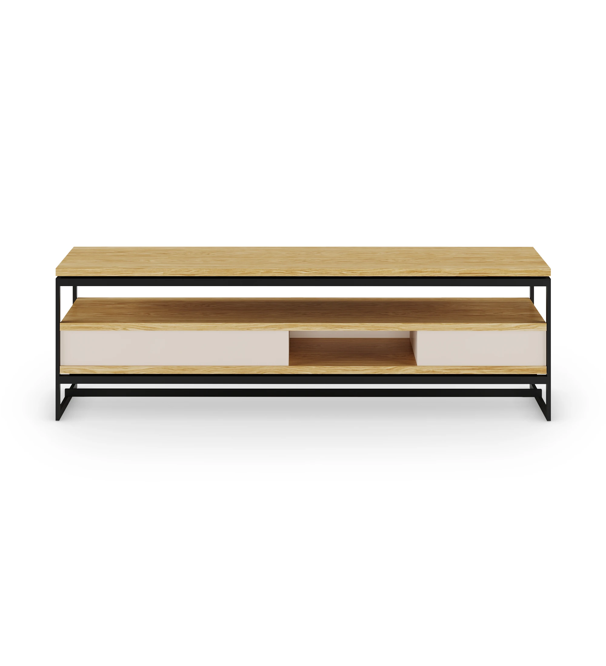 TV stand with natural oak tops, module with 2 pearl lacquered drawers and black lacquered metal feet