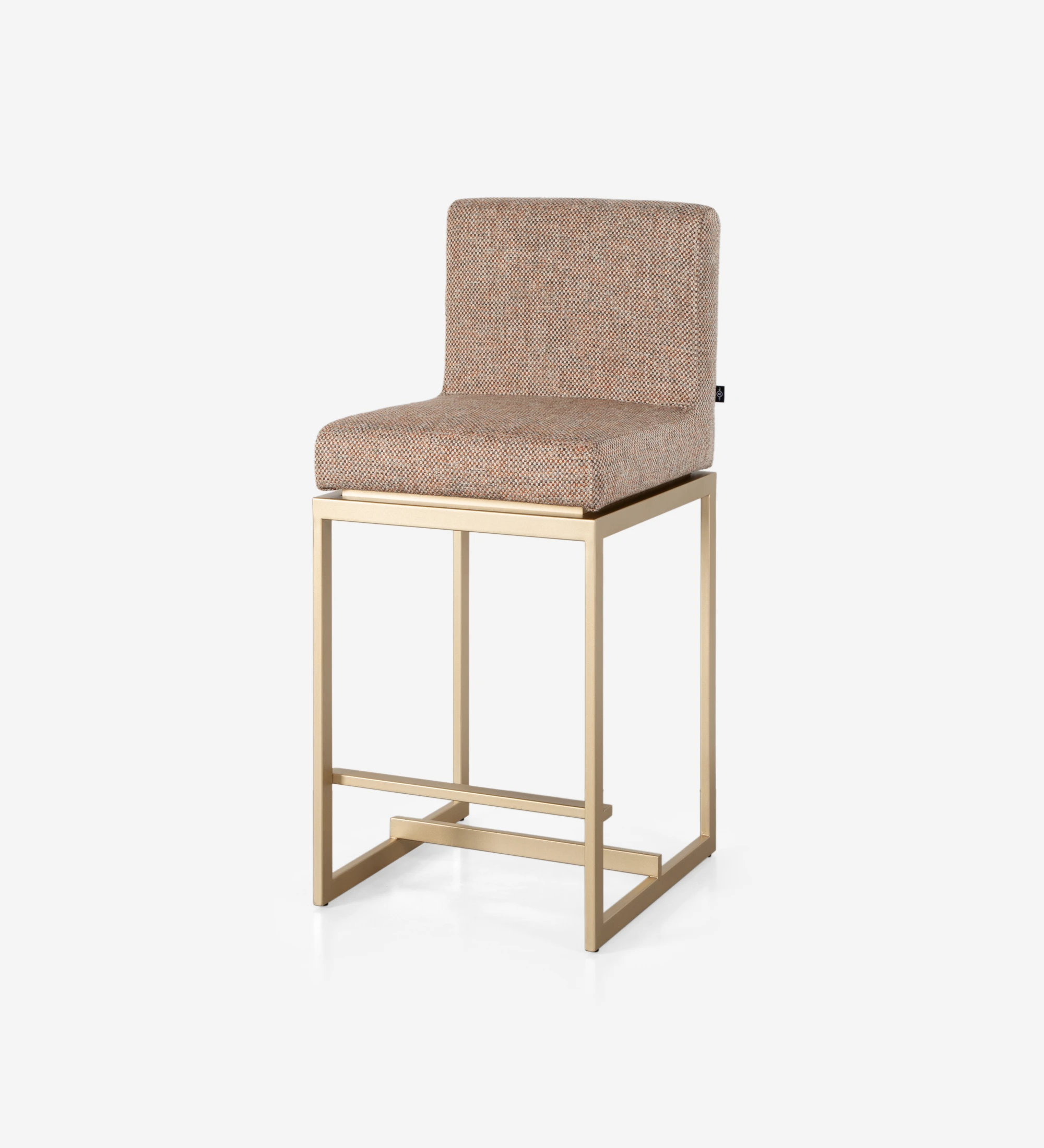Tabouret avec assise et dossier recouverts de tissu, avec structure en métal laqué doré