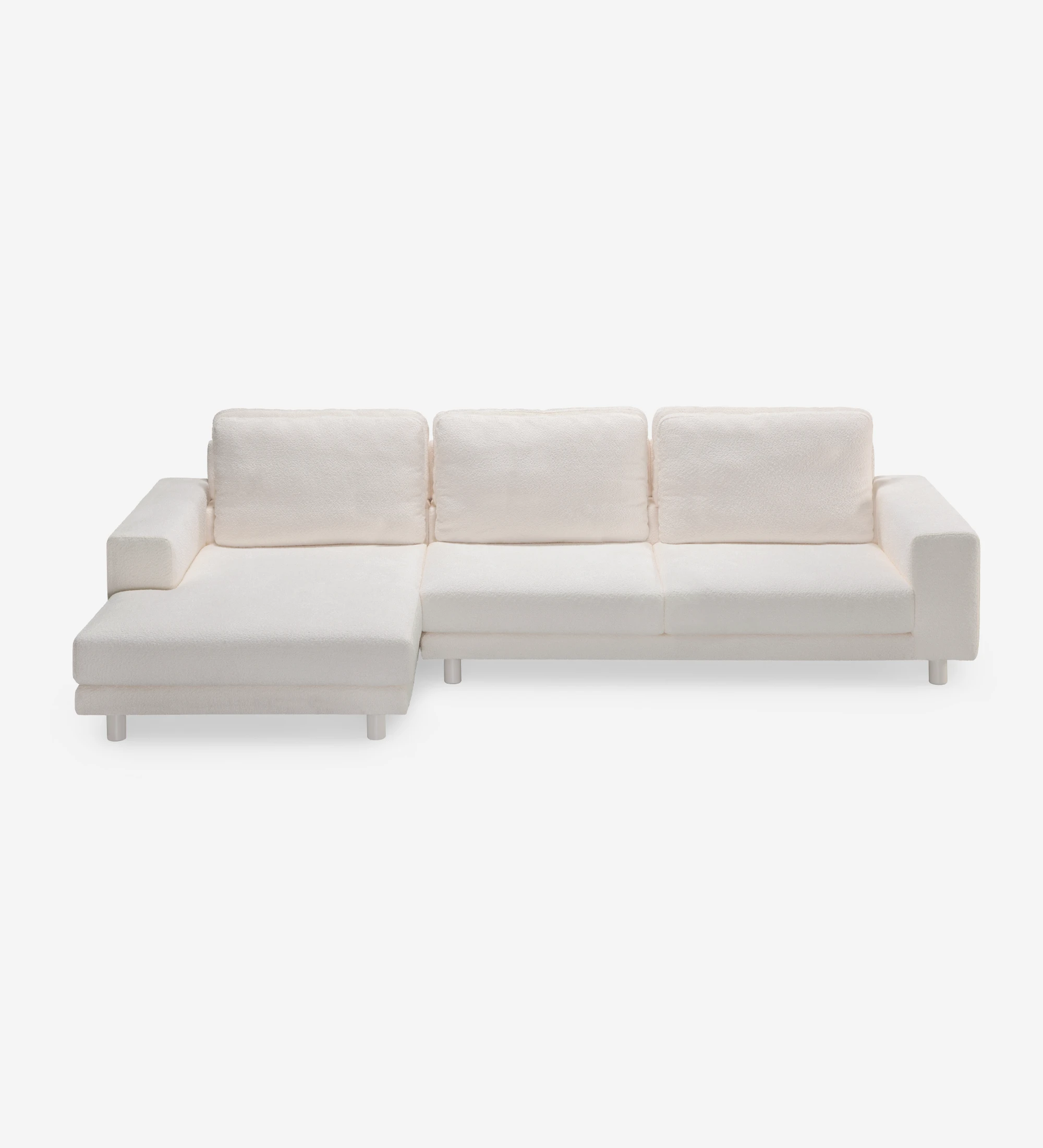 Dallas 3-seater sofa and left chaise longue, upholstered in beige fabric, folding back cushions, pearl lacquered feet, 318 cm.