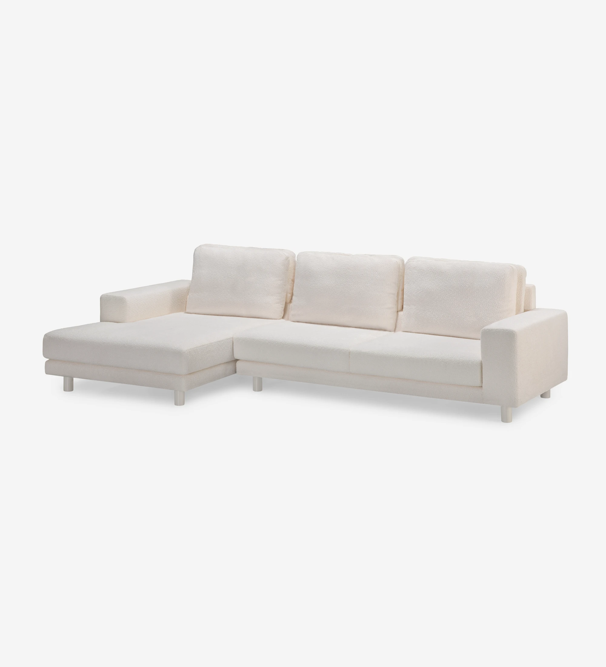 Canapé Dallas 3 places avec chaise longue gauche, recouvert en tissu beige, coussins de dossier rabattables, pieds laqué perle, 318 cm.