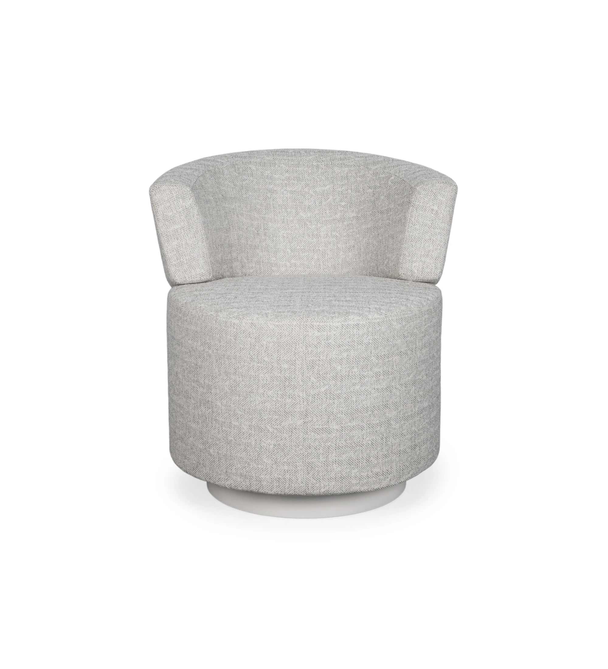 Fauteuil pivotant Londres, recouvert en tissu gris clair, plinthe laquée perle.