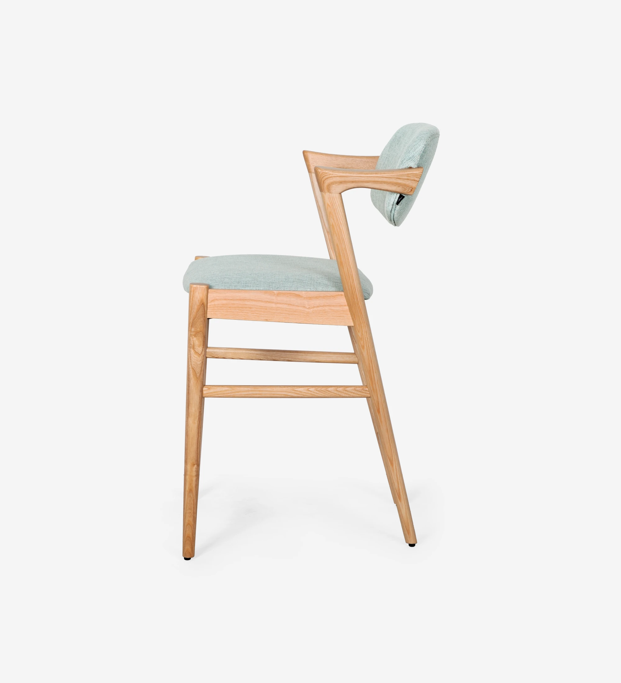 Stool in natural colored ash wood, with seat and back upholstered in fabric.